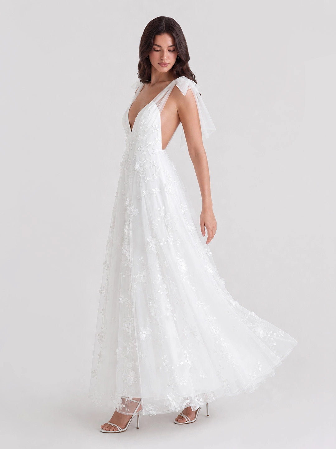 Bohemian 3D Floral Maxi Dress with Bow Shoulders