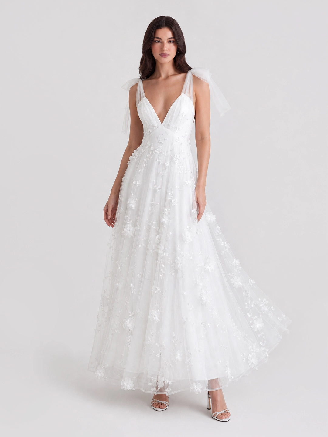 Bohemian 3D Floral Maxi Dress with Bow Shoulders