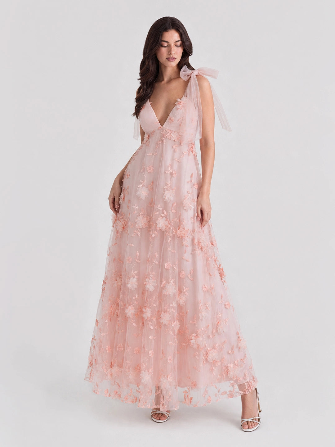 Bohemian 3D Floral Maxi Dress with Bow Shoulders