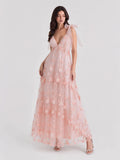 Bohemian 3D Floral Maxi Dress with Bow Shoulders