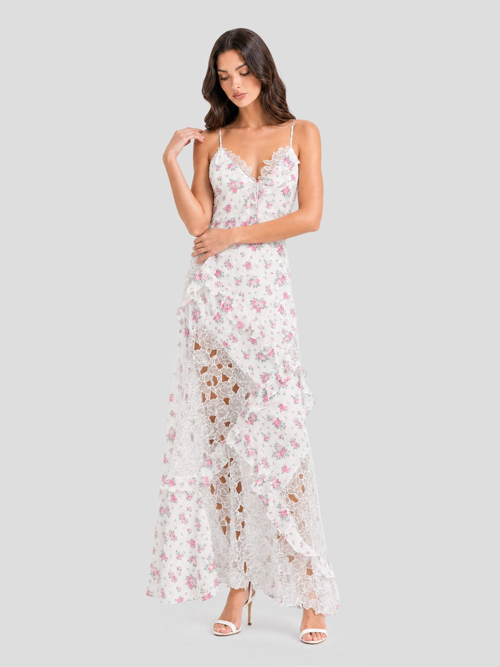 new look off white floral tiered halter maxi dress Boho Floral Halter Tiered Ruffle Maxi with Lace Inserts