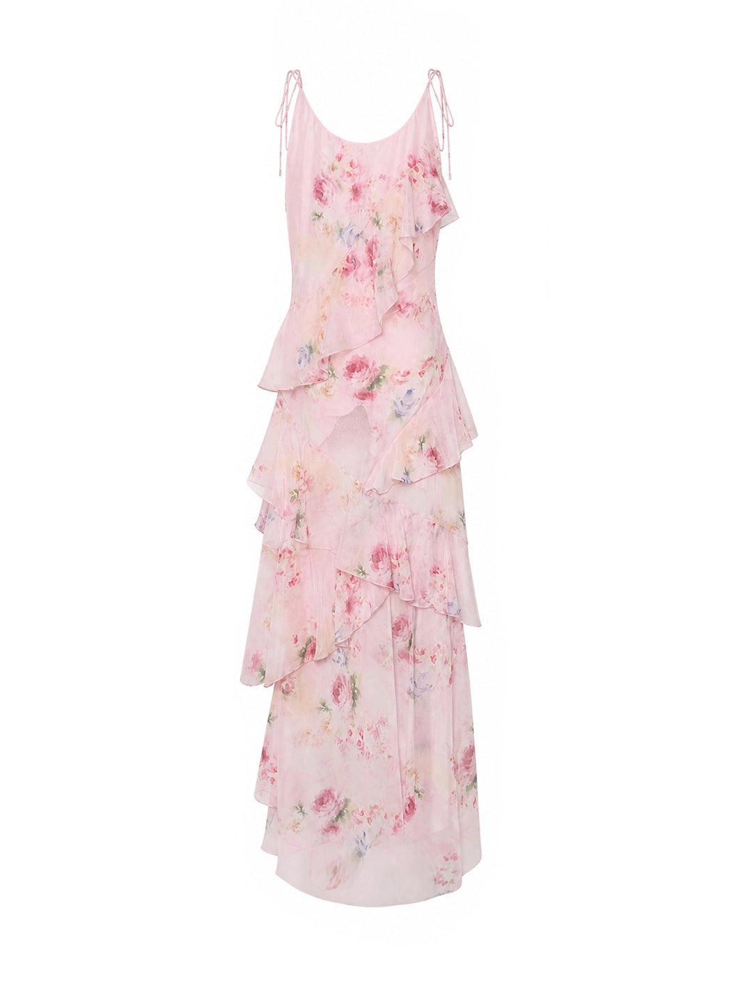 Boho Watercolor Floral Tiered Ruffle Maxi Dress
