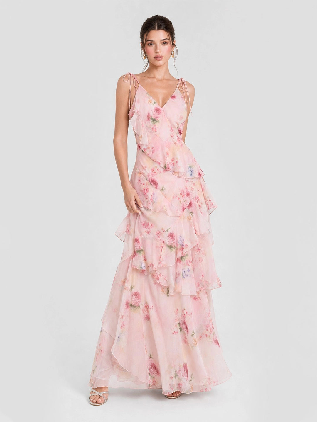 Boho Watercolor Floral Tiered Ruffle Maxi Dress