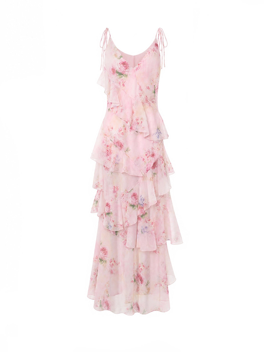 Boho Watercolor Floral Tiered Ruffle Maxi Dress