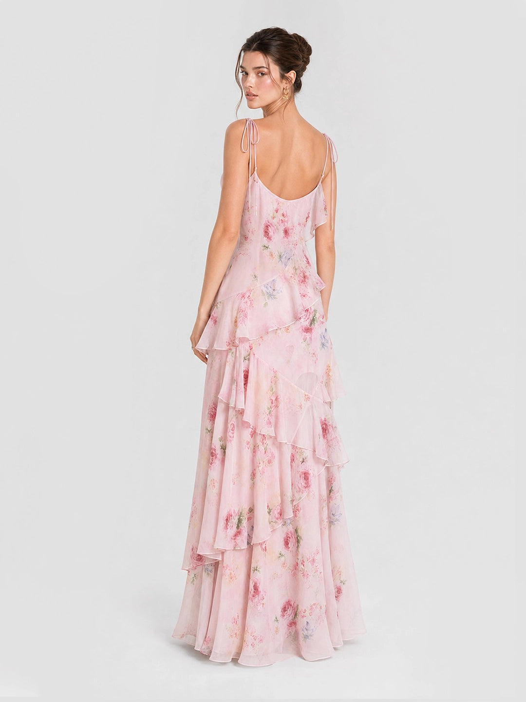 Boho Watercolor Floral Tiered Ruffle Maxi Dress