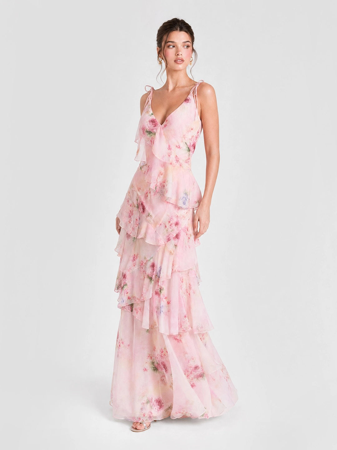 Boho Watercolor Floral Tiered Ruffle Maxi Dress