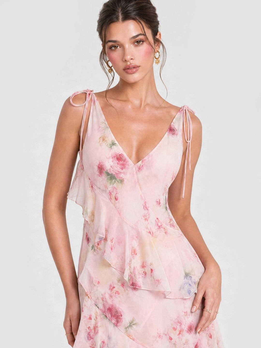 Boho Watercolor Floral Tiered Ruffle Maxi Dress