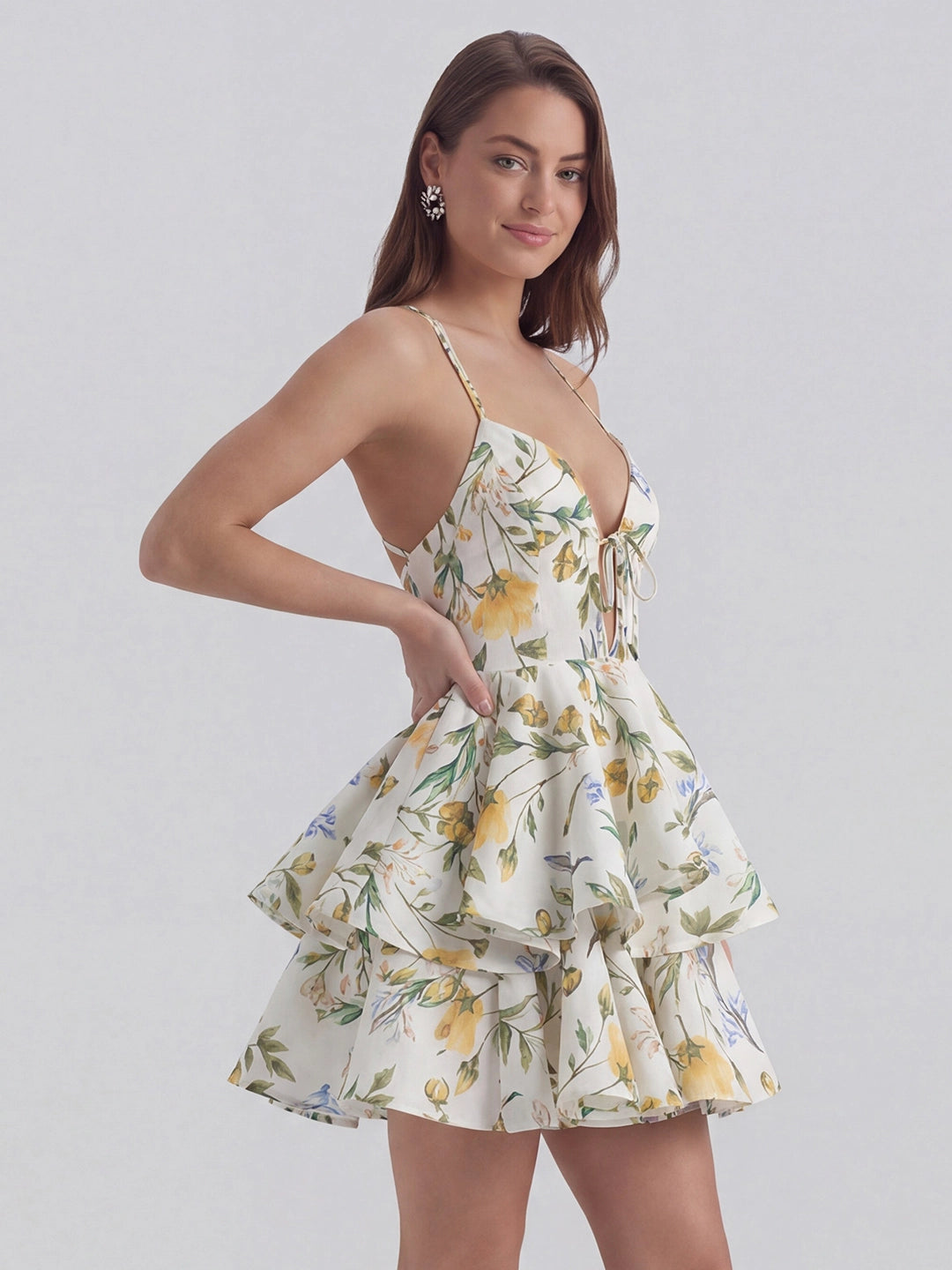 Botanical Print V-Neck Mini Dress With Ruffled Hem