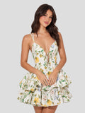 Botanical Print V-Neck Mini Dress With Ruffled Hem