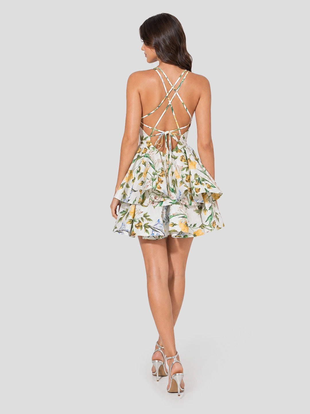 Botanical Print V-Neck Mini Dress With Ruffled Hem