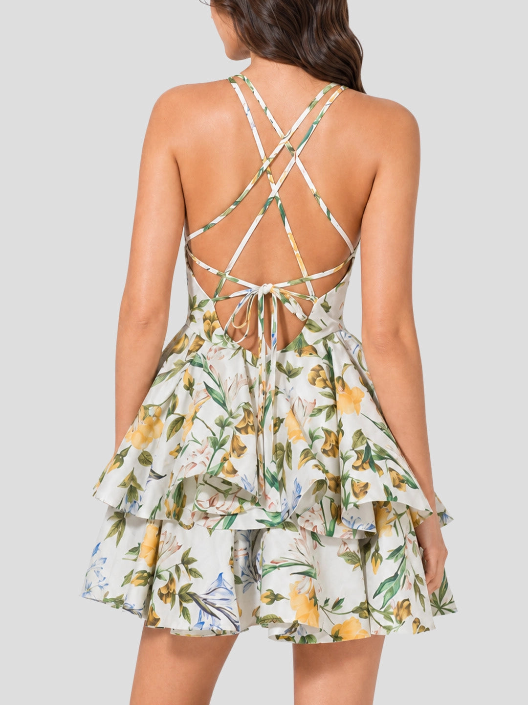 Botanical Print V-Neck Mini Dress With Ruffled Hem