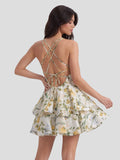 Botanical Print V-Neck Mini Dress With Ruffled Hem