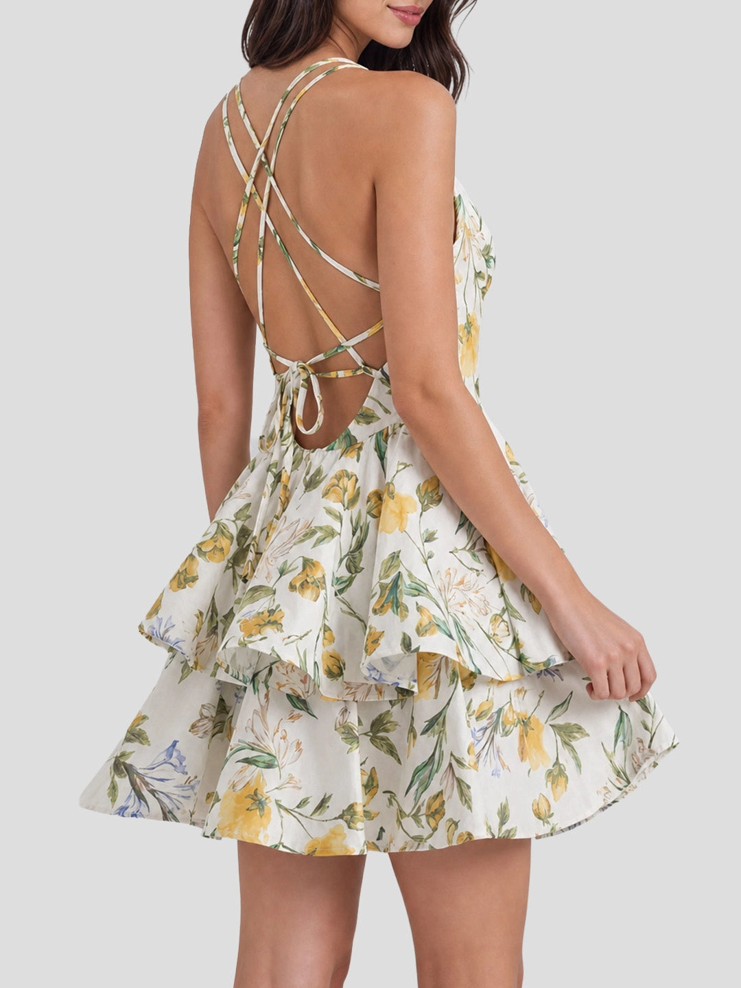 Botanical Print V-Neck Mini Dress With Ruffled Hem