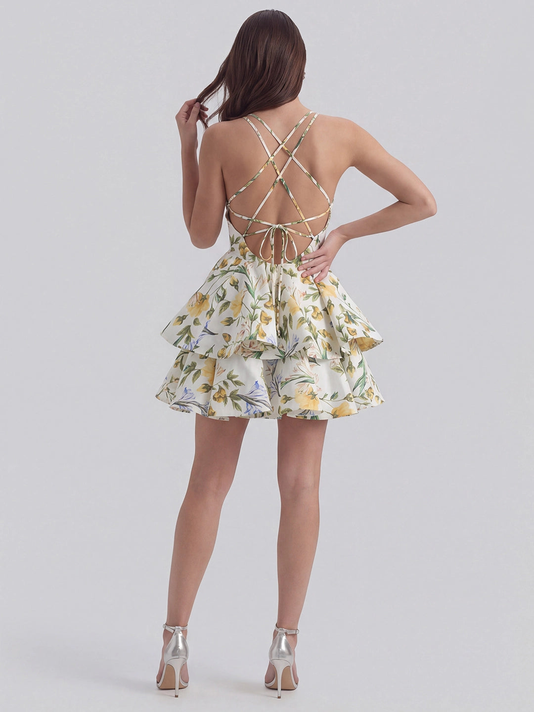 Botanical Print V-Neck Mini Dress With Ruffled Hem