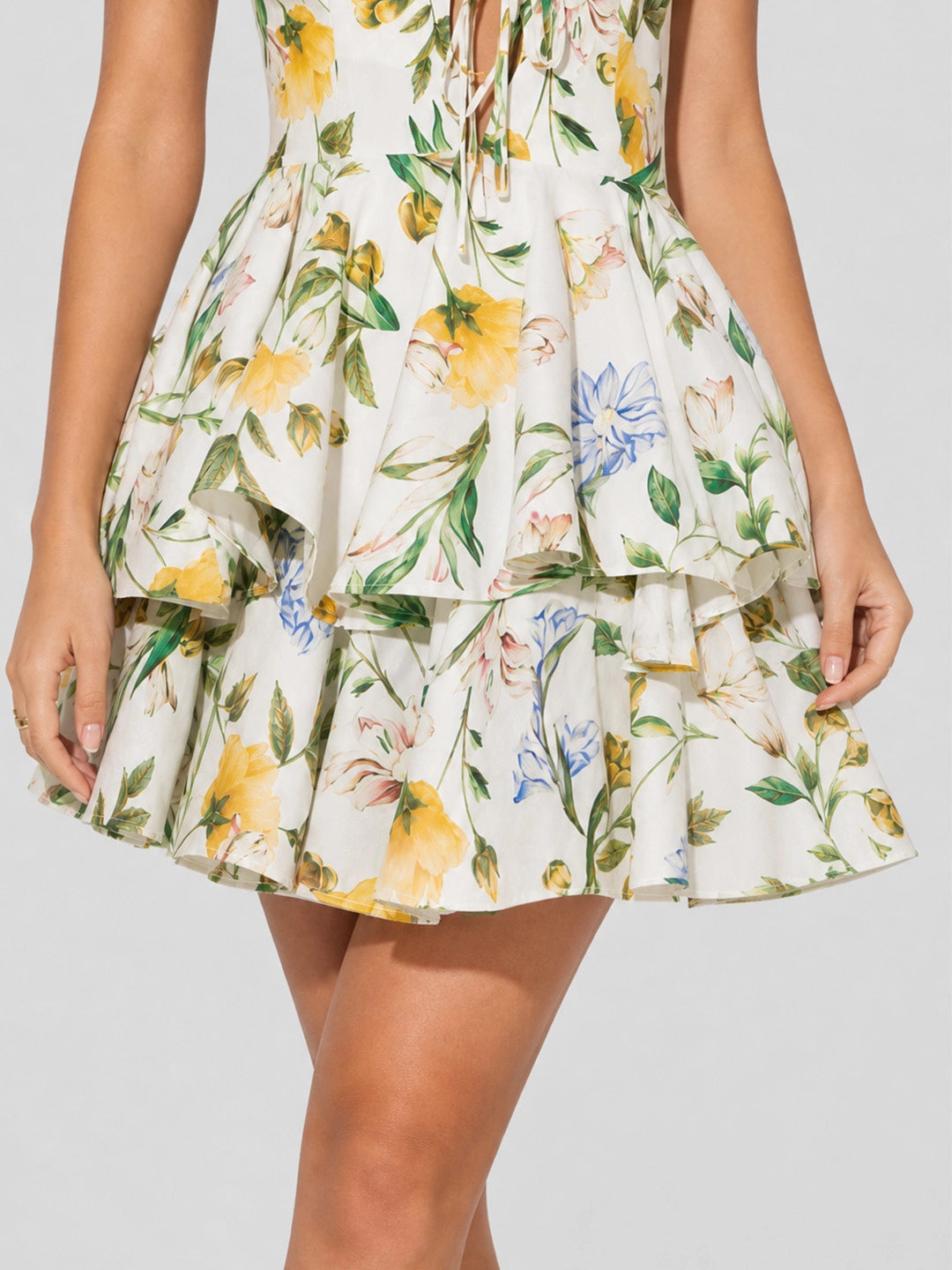 Botanical Print V-Neck Mini Dress With Ruffled Hem