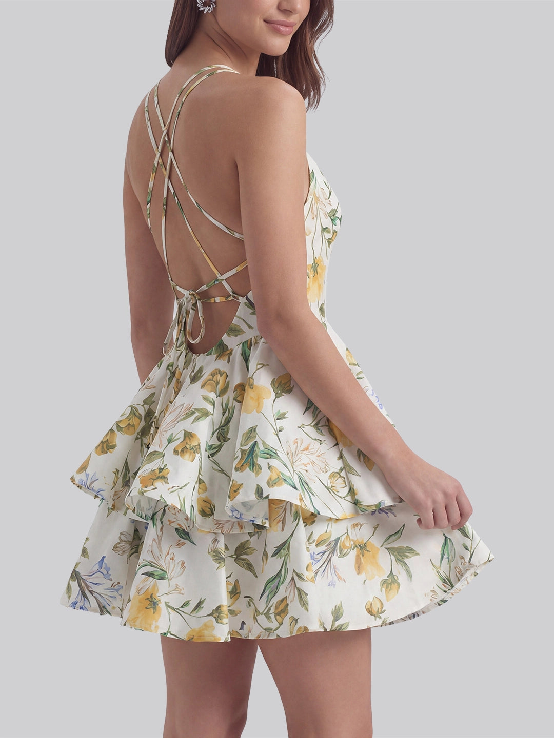 Botanical Print V-Neck Mini Dress With Ruffled Hem