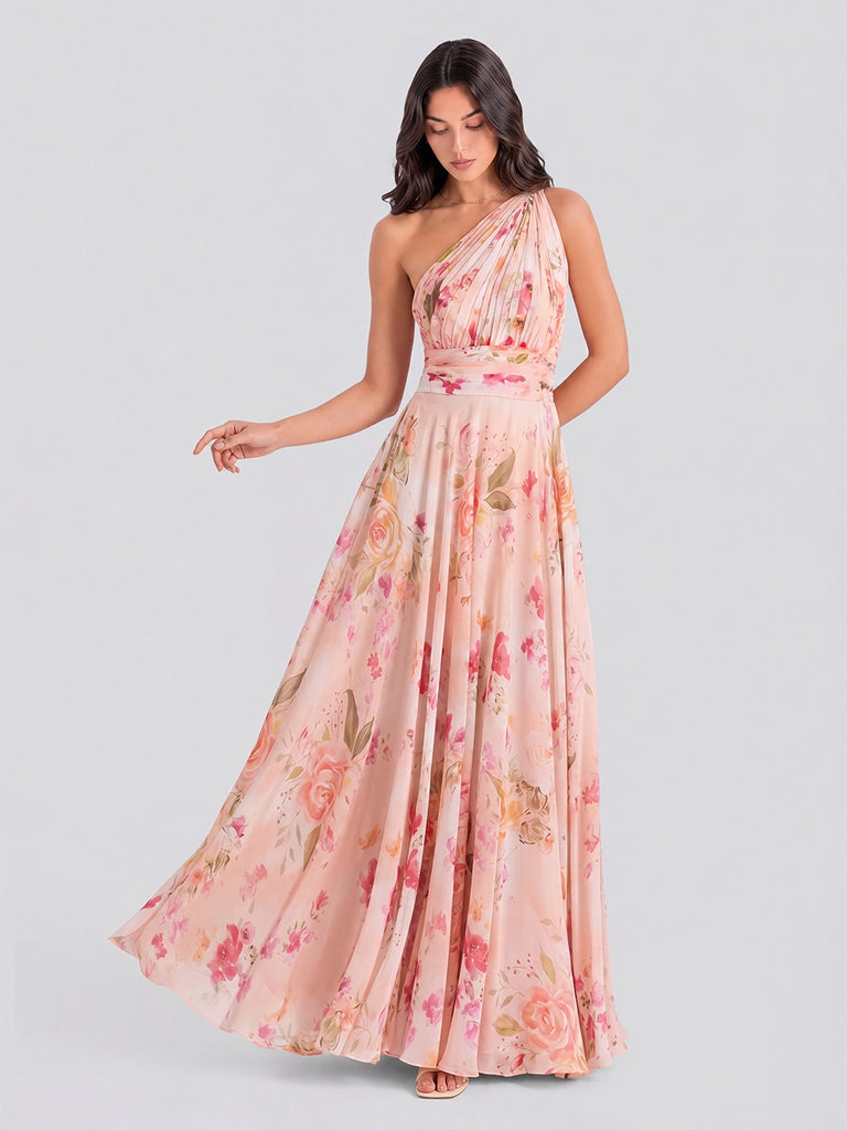 pink floral print chiffon one shoulder draped bodycon dress Baltic Born Womens Emeline One Shoulder Maxi Dress | Pink Floral