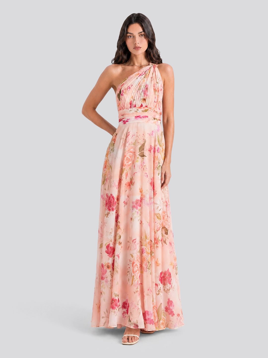 Bouquet Floral A-Line One Shoulder Chiffon Dress