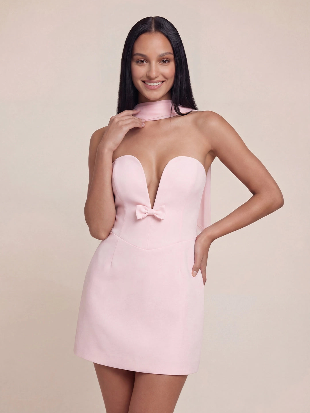 Valentine's Day Exclusive - Bow Detail Chiffon Cape Scarf Suiting Mini Dress