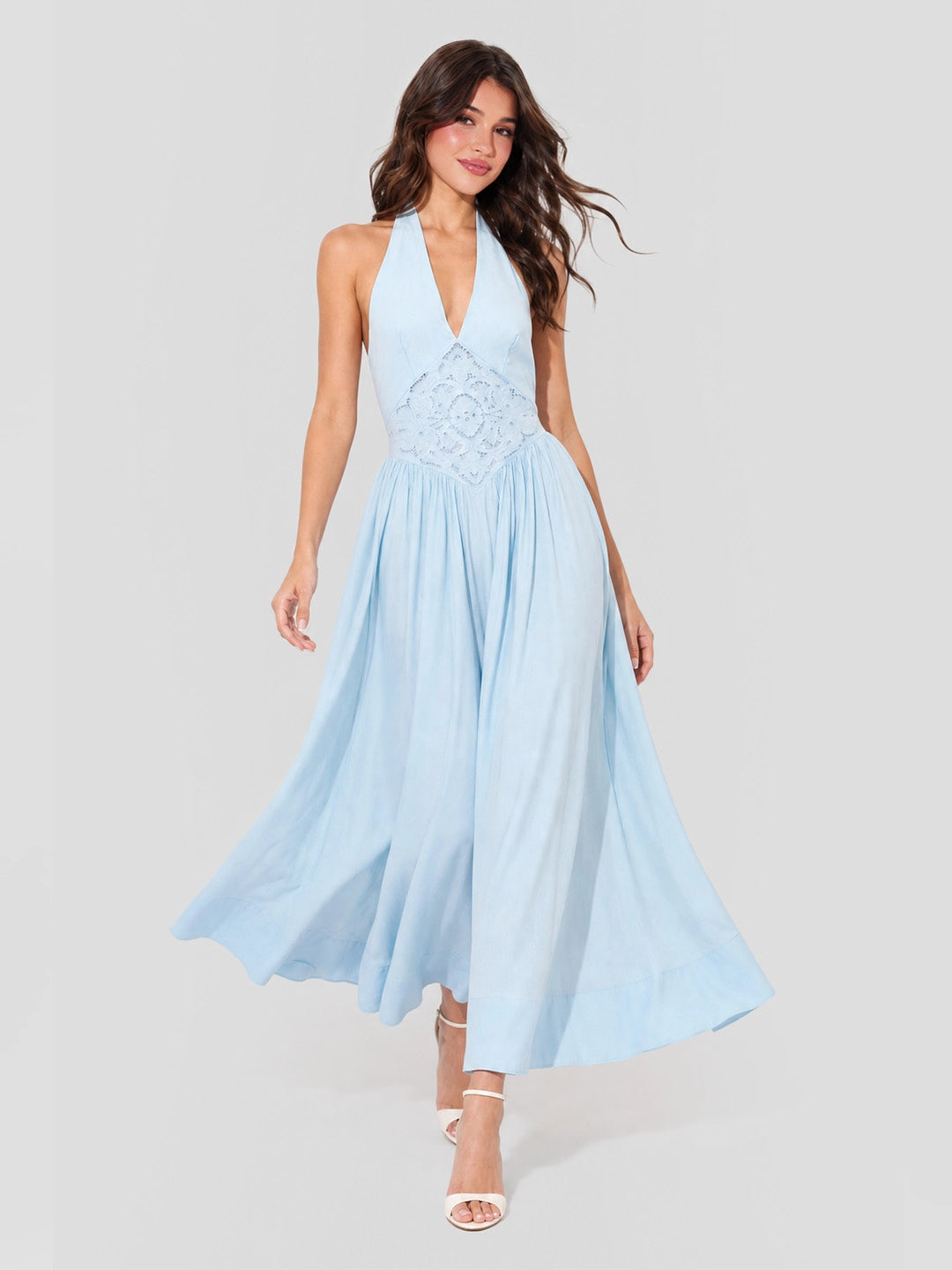 Broderie Anglaise Cotton Halter Maxi Dress