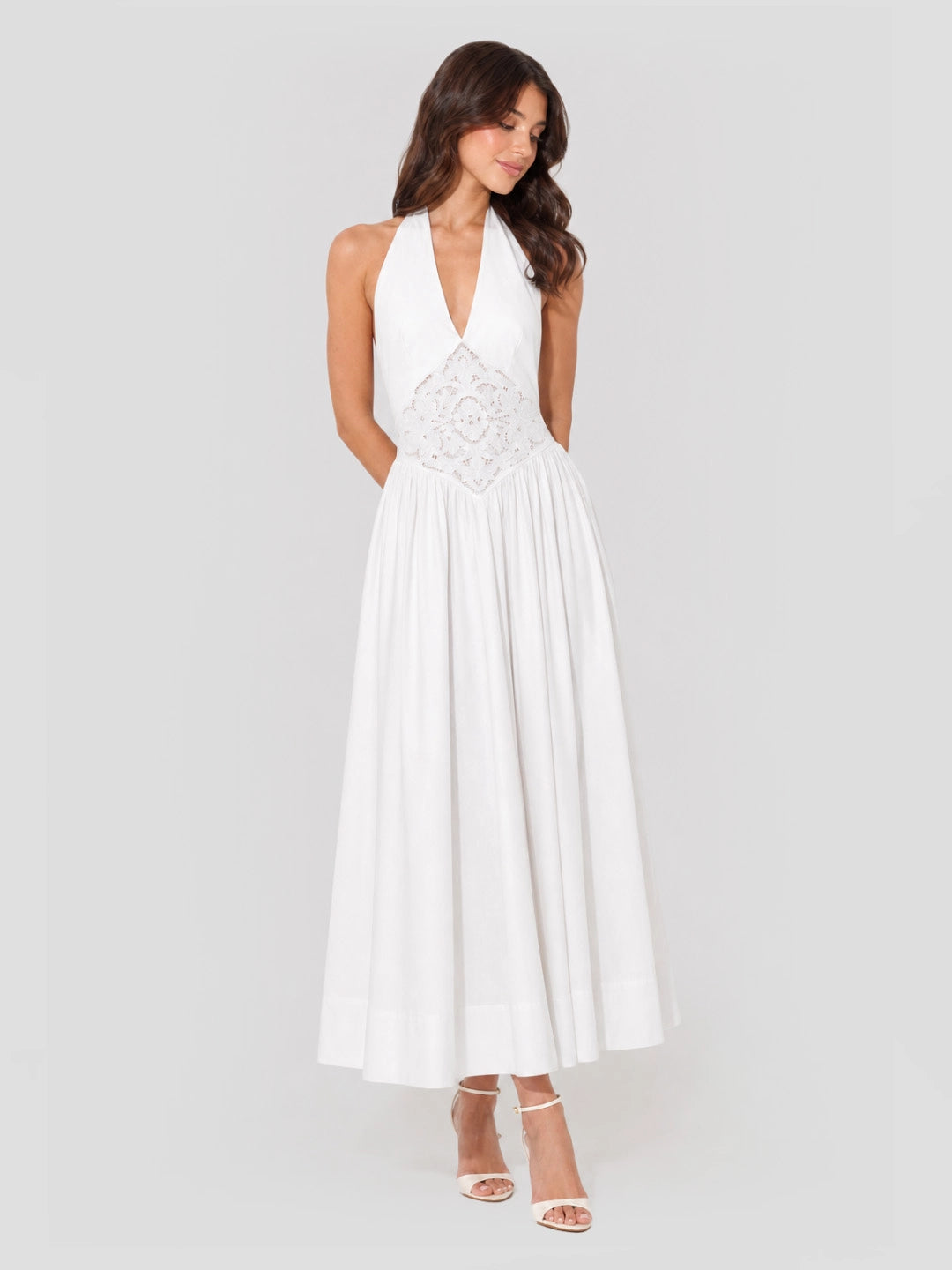 Broderie Anglaise Cotton Halter Maxi Dress