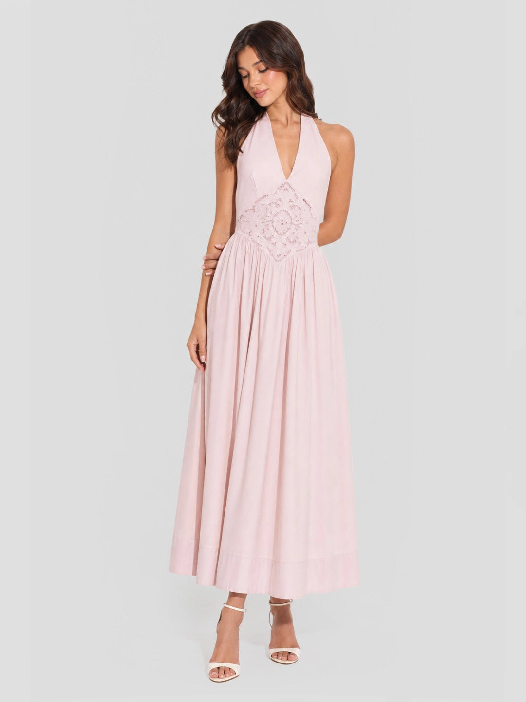 Broderie Anglaise Cotton Halter Maxi Dress