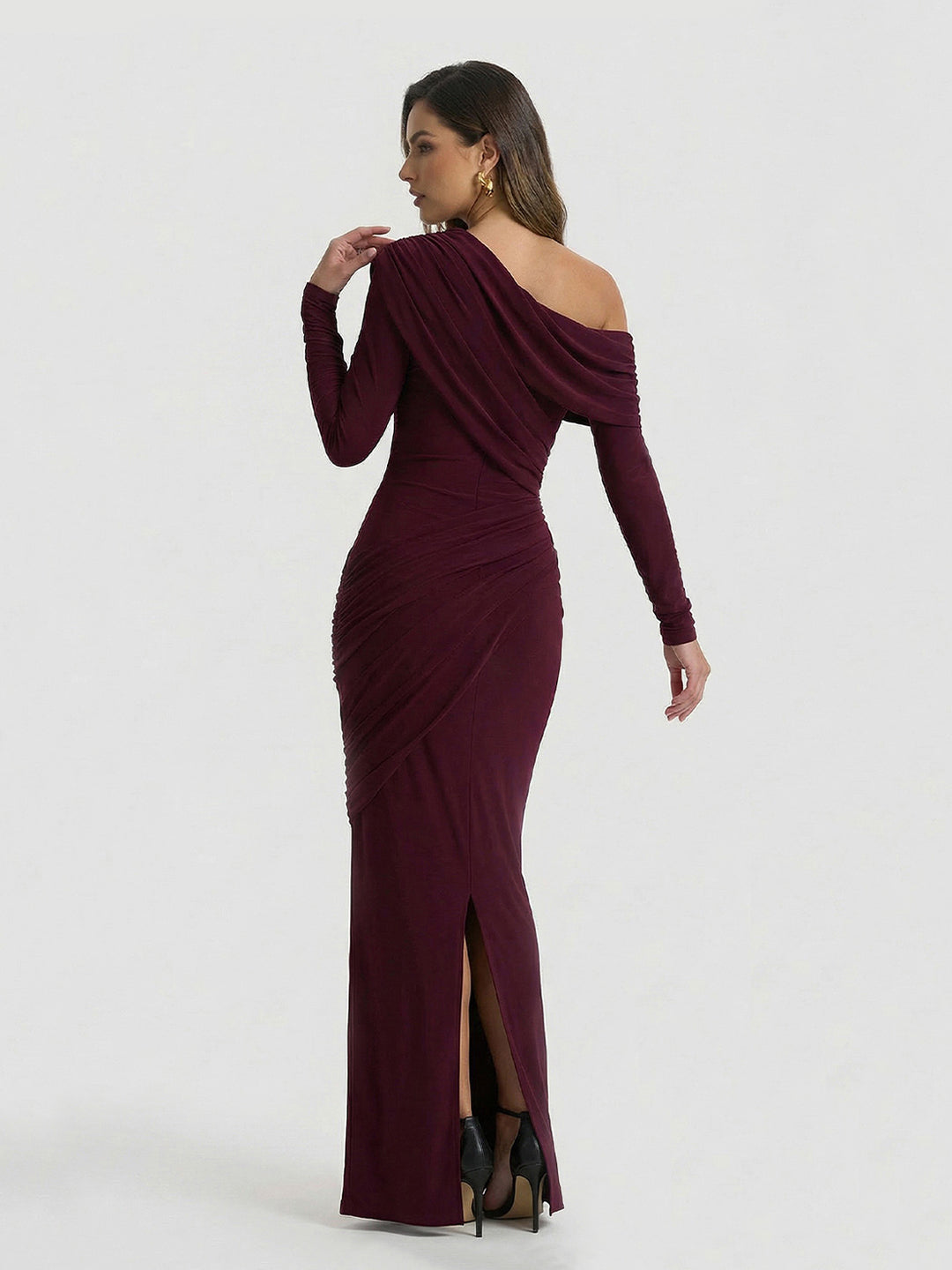Asymmetric-Neck Maxi Dress With Ruched Detailing