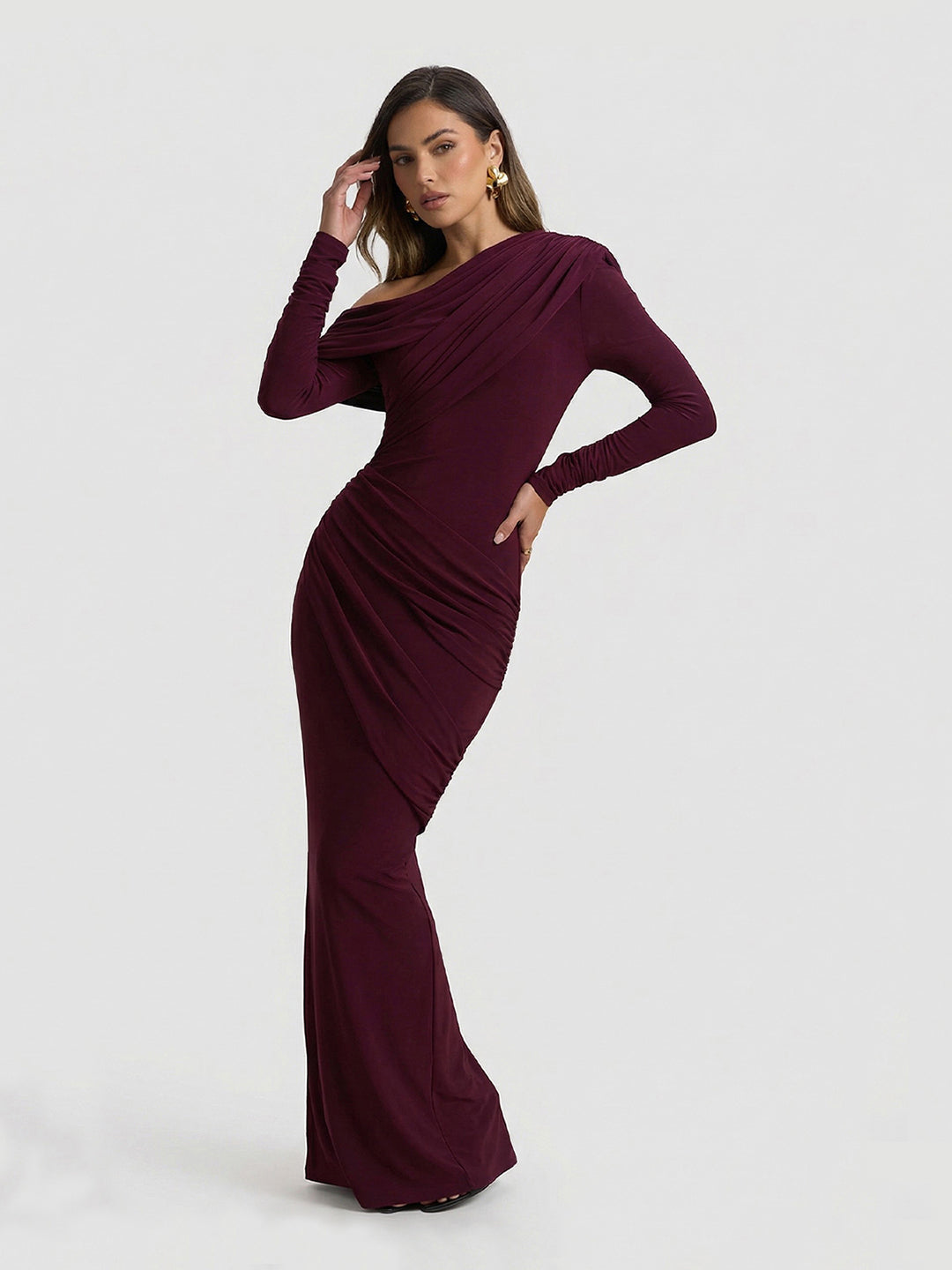 Asymmetric-Neck Maxi Dress With Ruched Detailing