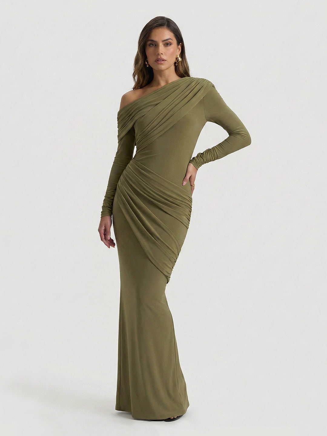 Asymmetric-Neck Maxi Dress With Ruched Detailing