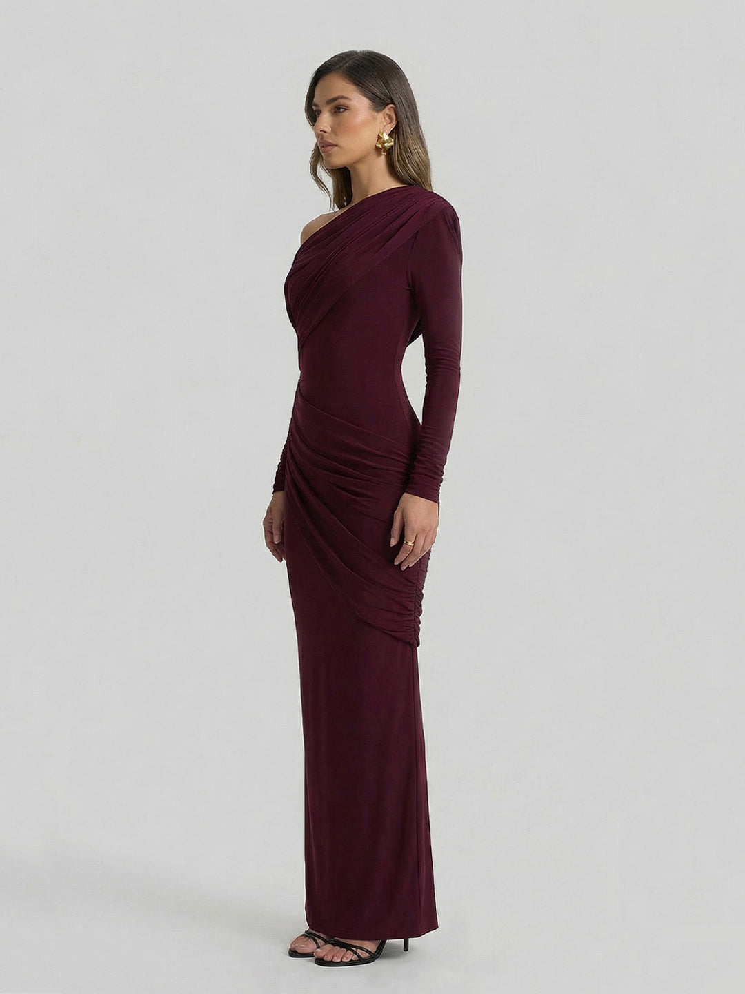 Asymmetric-Neck Maxi Dress With Ruched Detailing