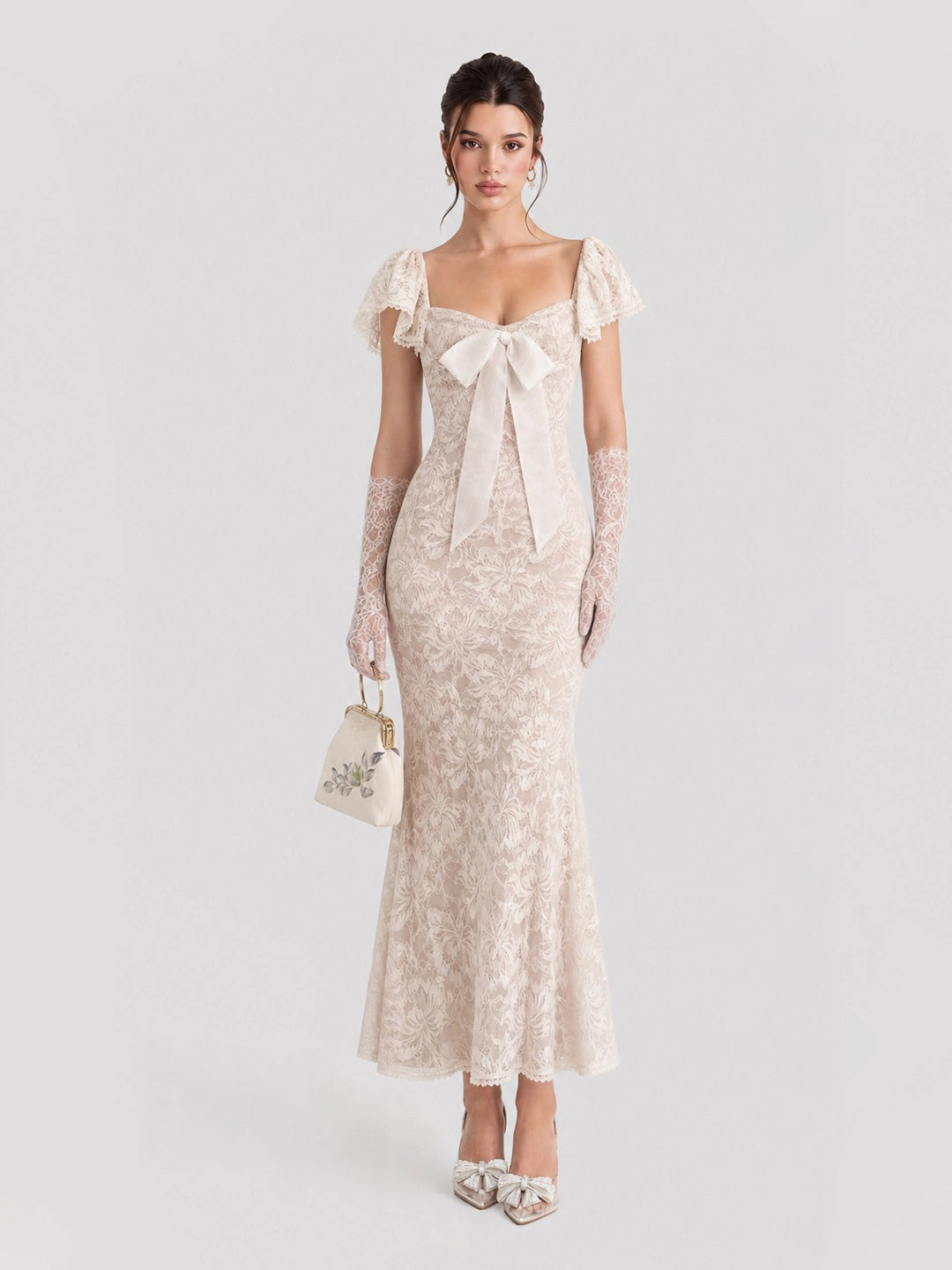 Cap Sleeves Lace Midi Dress with Satin Bow