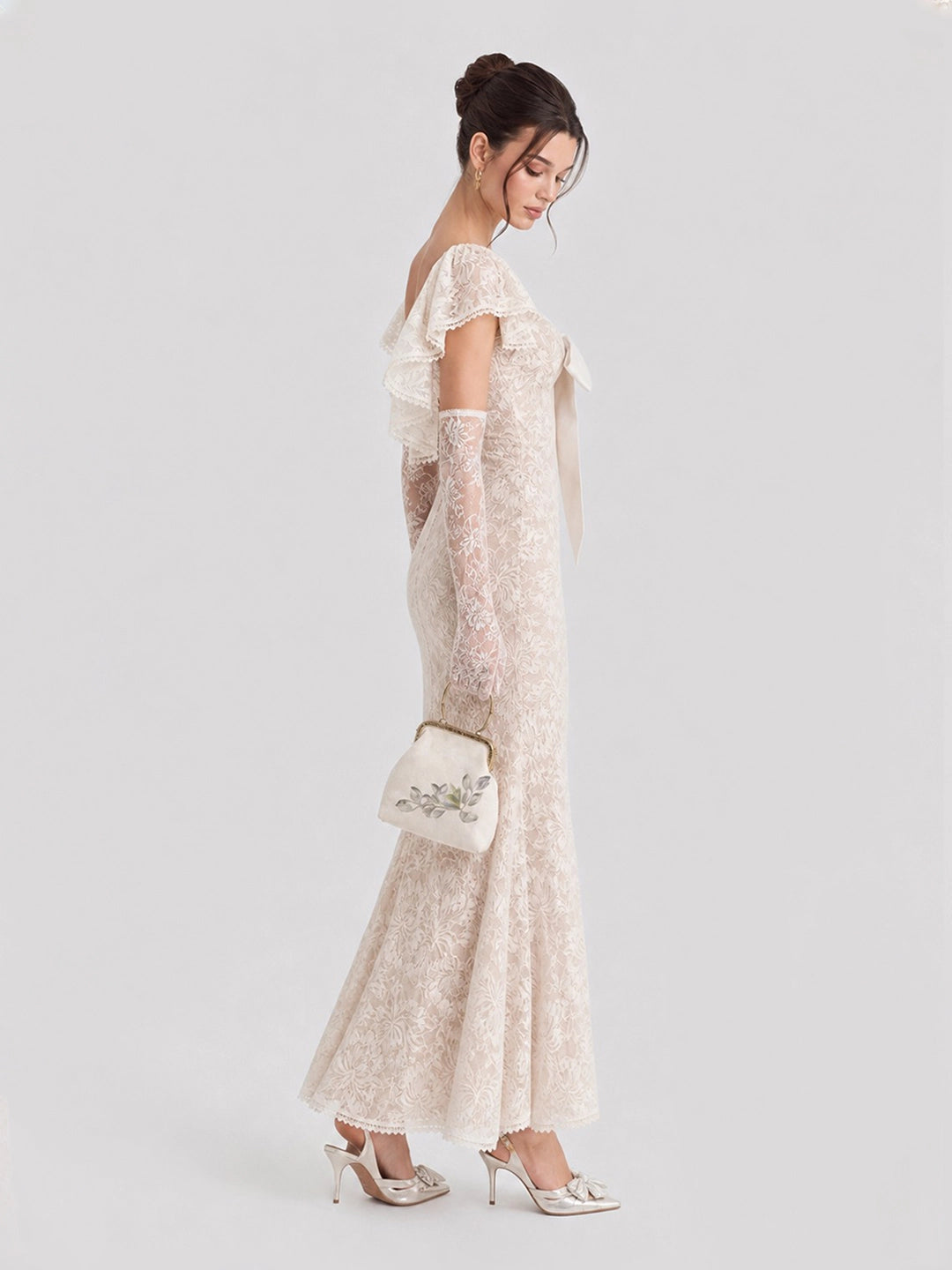 Cap Sleeves Lace Midi Dress with Satin Bow