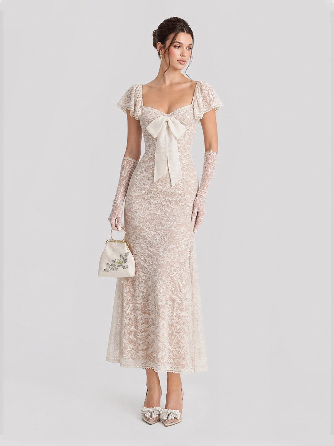 Cap Sleeves Lace Midi Dress with Satin Bow