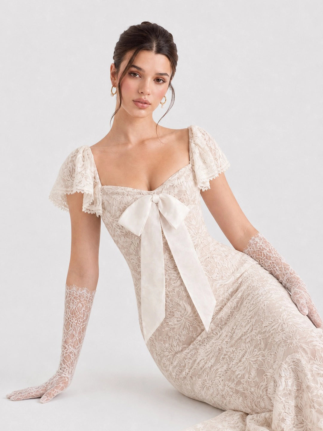 Cap Sleeves Lace Midi Dress with Satin Bow