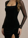 Captivating Sheer-Sleeves Velvet Bodycon Maxi Dress With High Slit