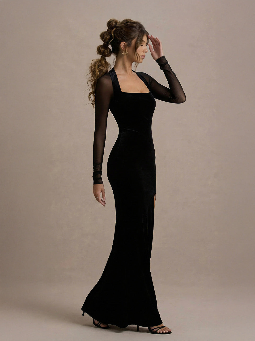 Captivating Sheer-Sleeves Velvet Bodycon Maxi Dress With High Slit
