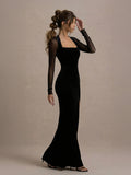 Captivating Sheer-Sleeves Velvet Bodycon Maxi Dress With High Slit