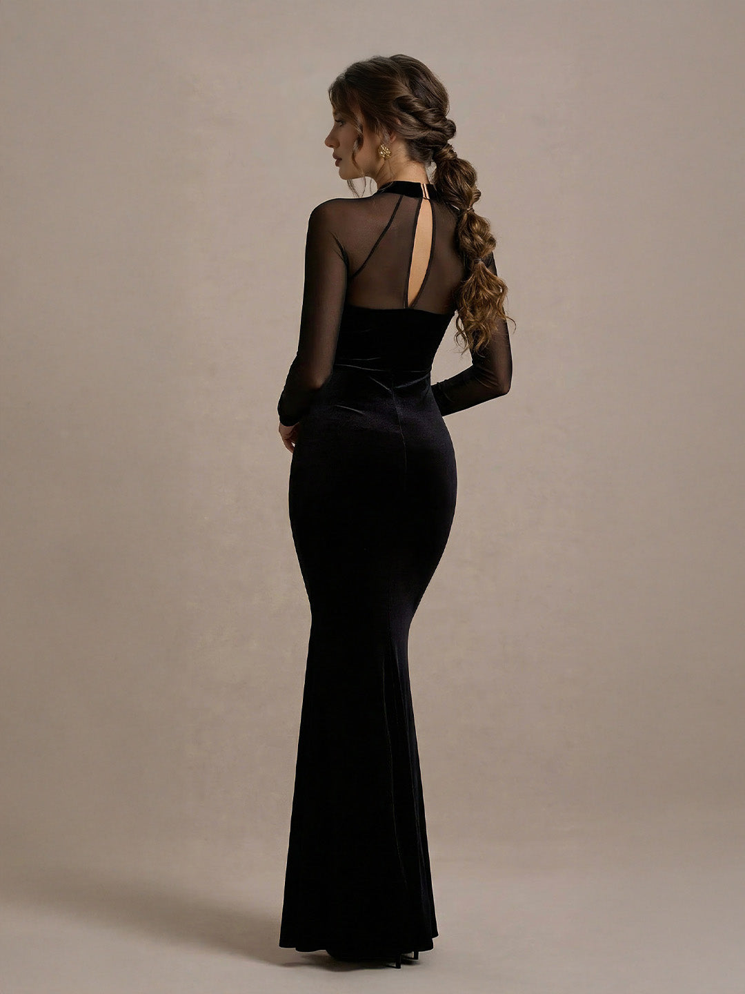 Captivating Sheer-Sleeves Velvet Bodycon Maxi Dress With High Slit