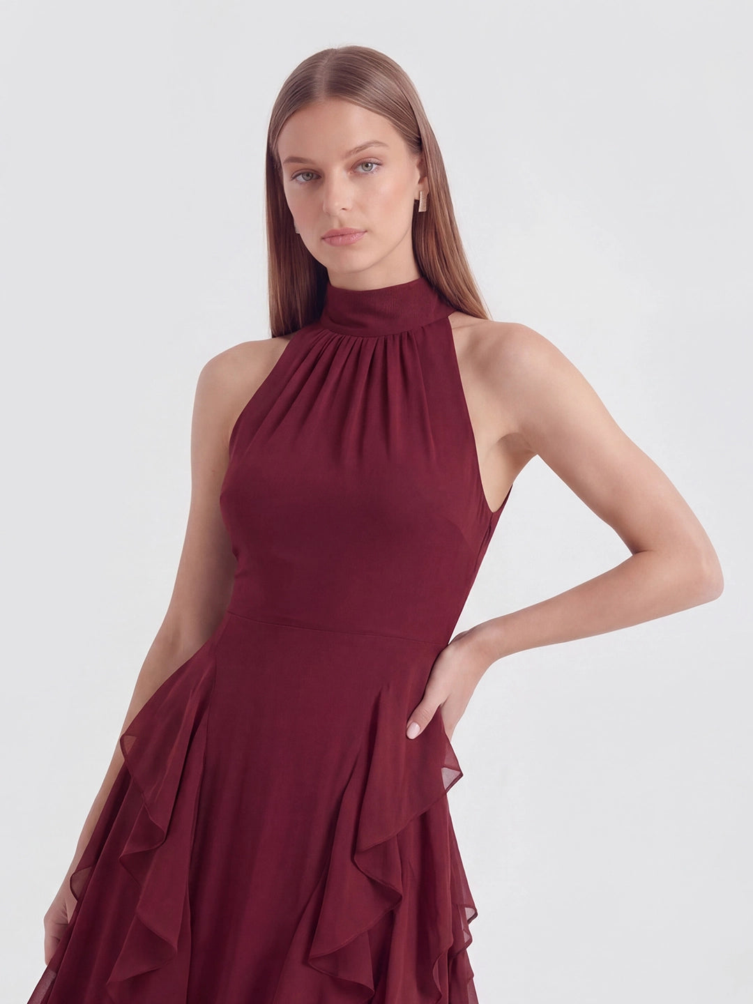 Cascade-Ruffle Halter Gown with Tie-Bow Detail