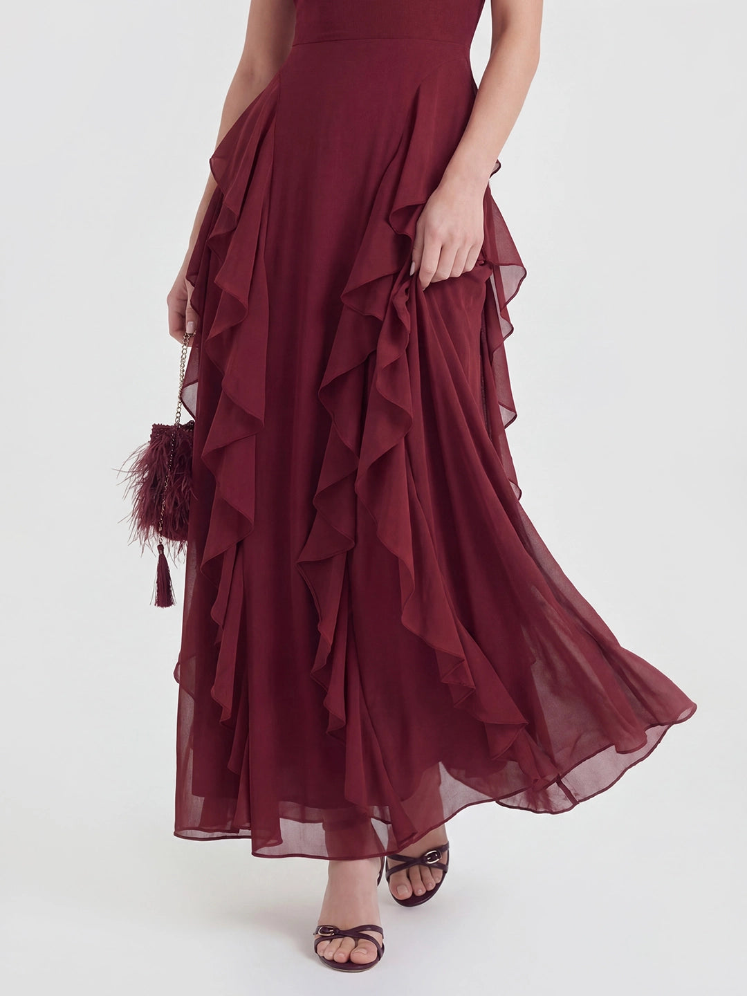 Cascade-Ruffle Halter Gown with Tie-Bow Detail