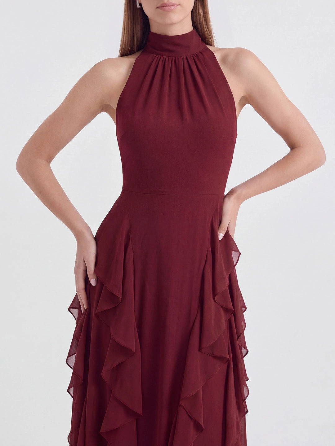 Cascade-Ruffle Halter Gown with Tie-Bow Detail