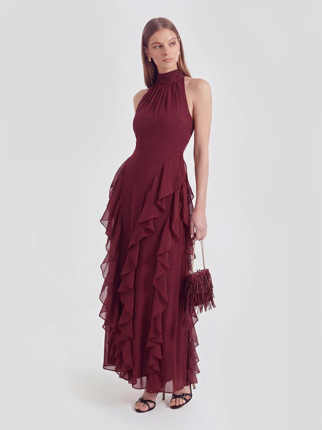 Cascade-Ruffle Halter Gown with Tie-Bow Detail