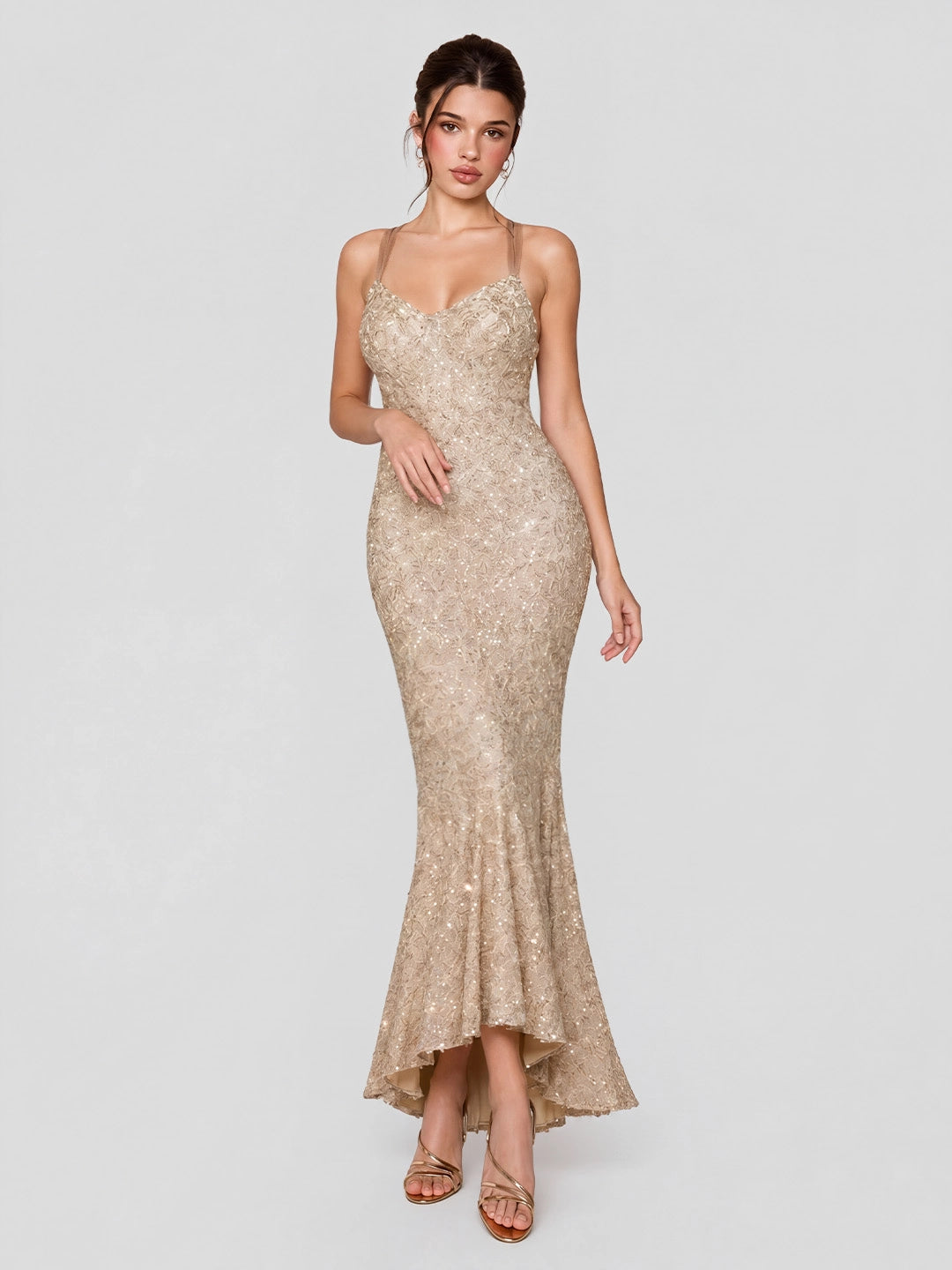 Champagne Sequin Mermaid Gown with Cross-Back Ties