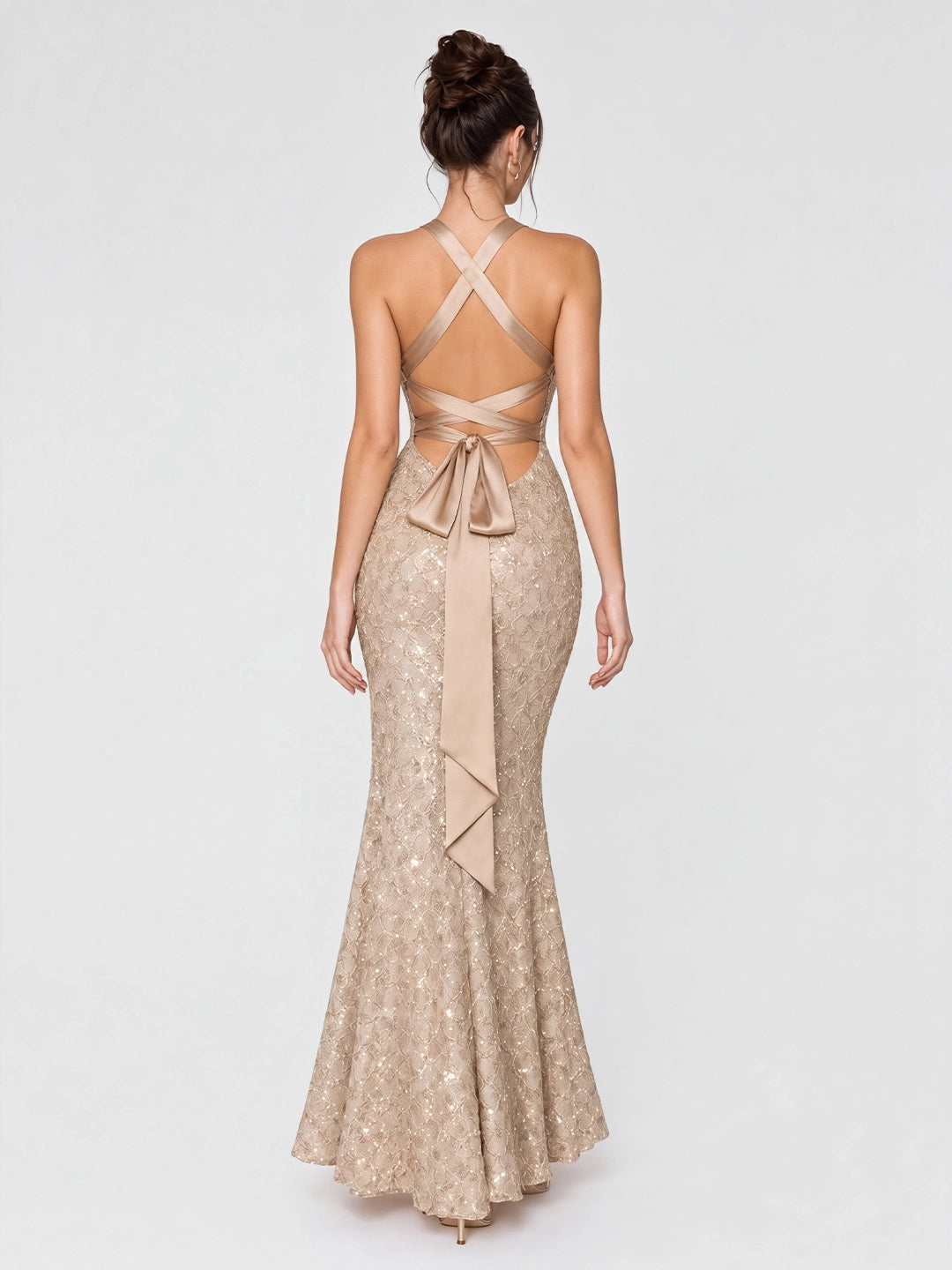 Champagne Sequin Mermaid Gown with Cross-Back Ties