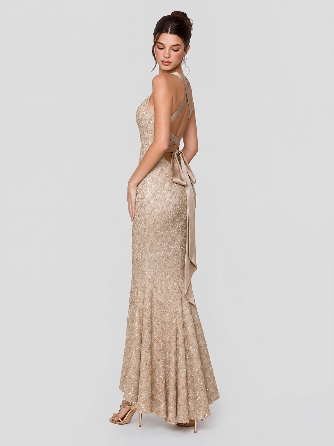 Champagne Sequin Mermaid Gown with Cross-Back Ties
