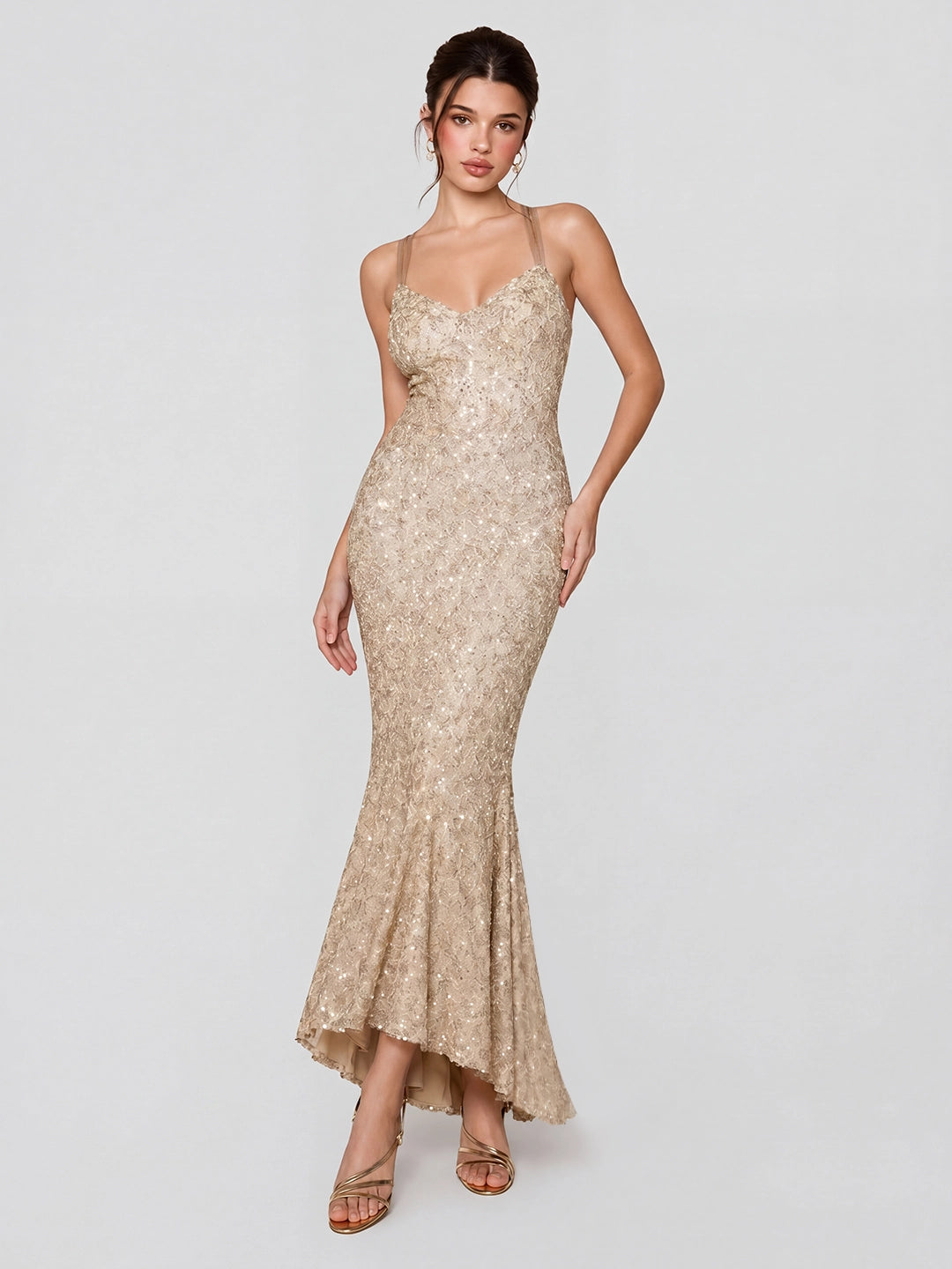 Champagne Sequin Mermaid Gown with Cross-Back Ties