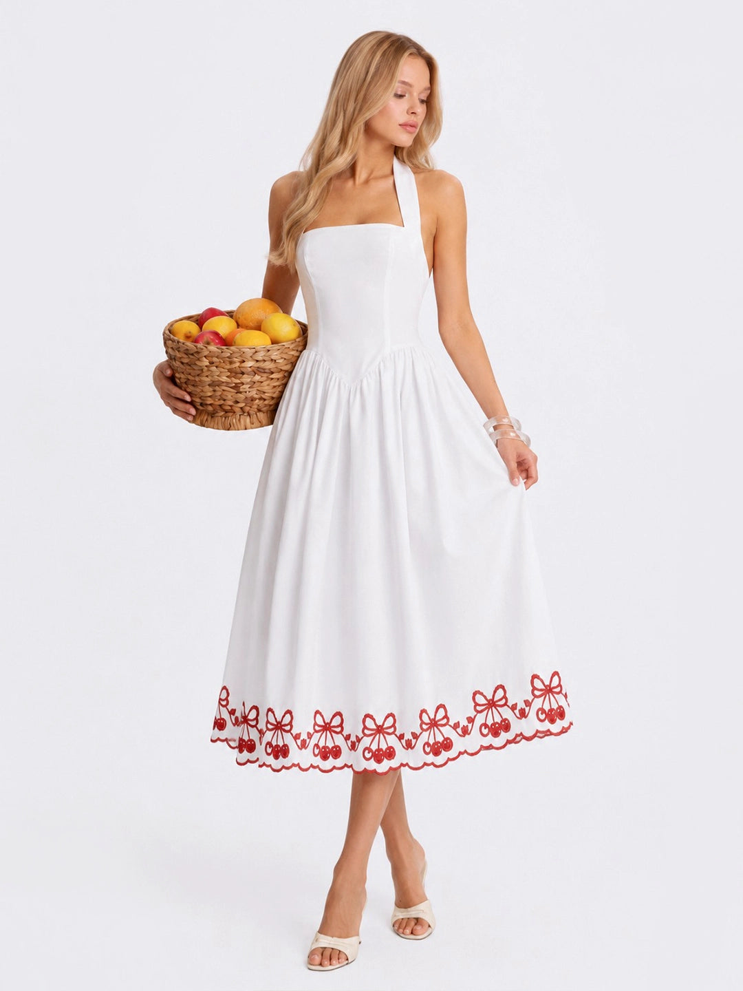 Cherry Embroidered Halter Midi Dress