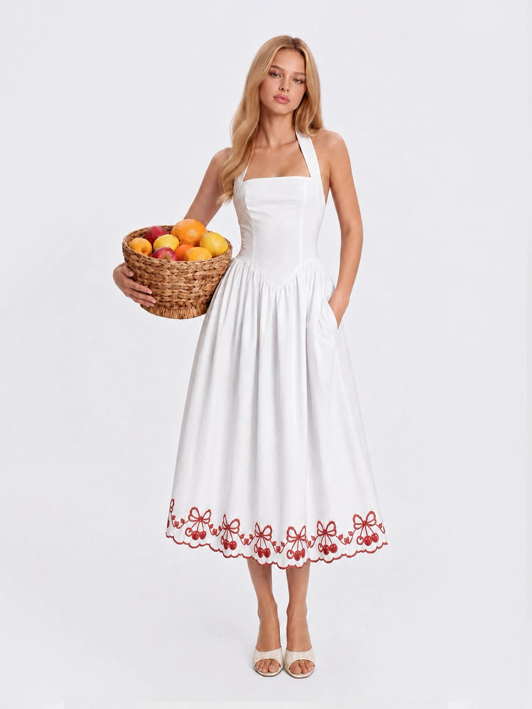 Cherry Embroidered Halter Midi Dress