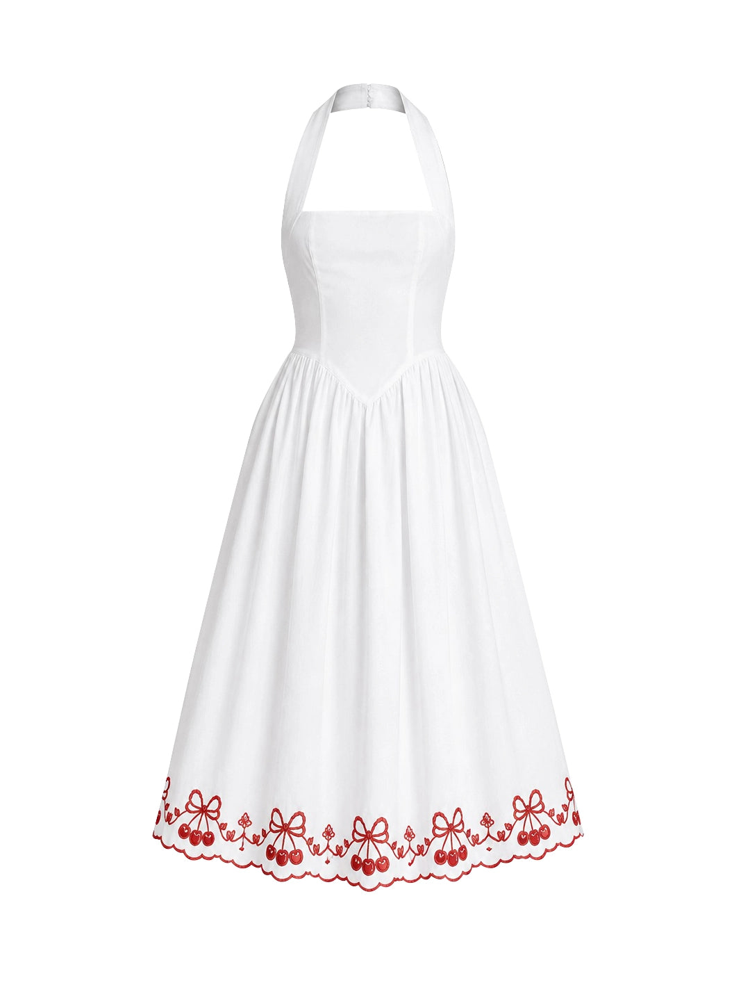 Cherry Embroidered Halter Midi Dress