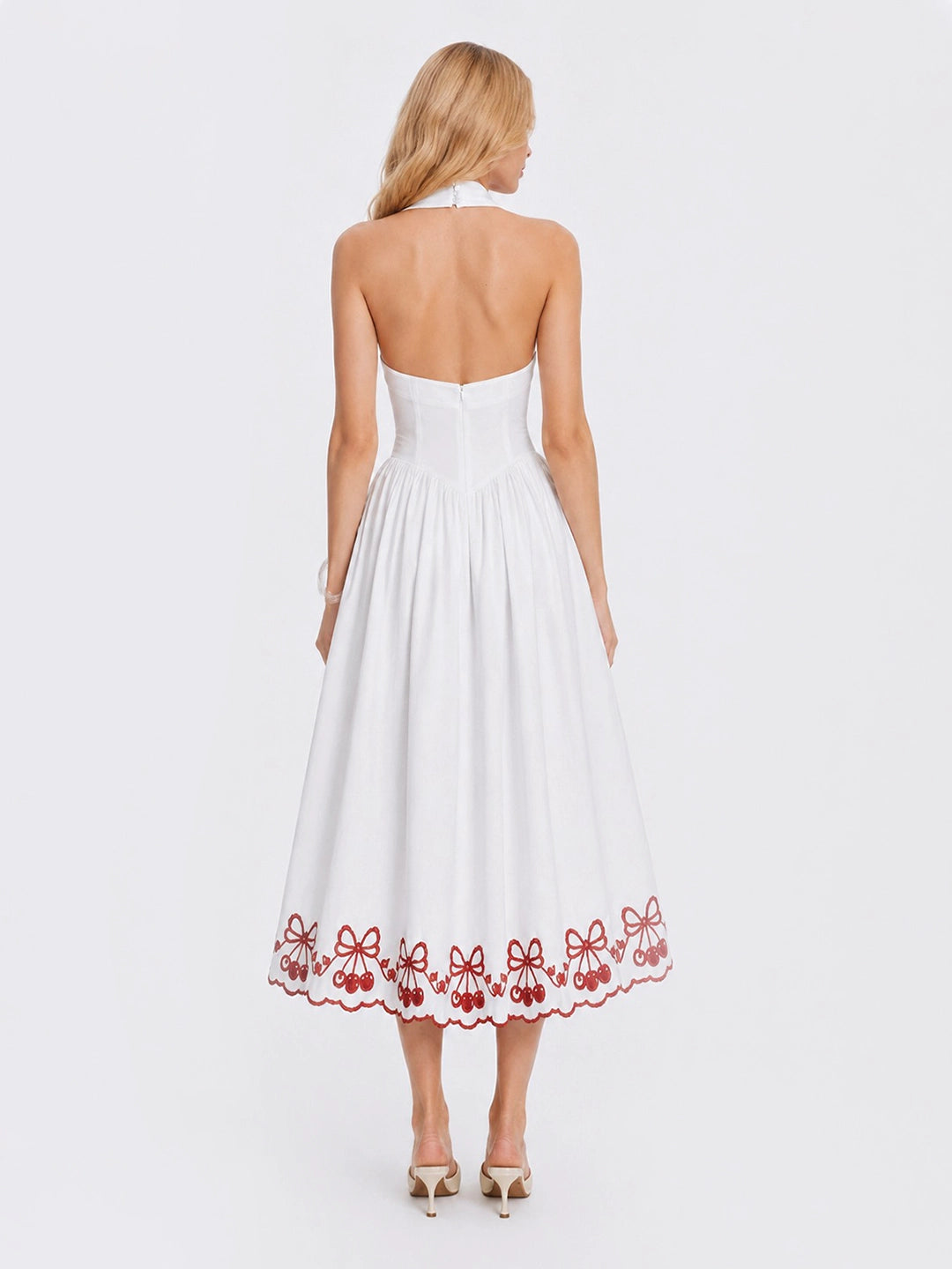 Cherry Embroidered Halter Midi Dress